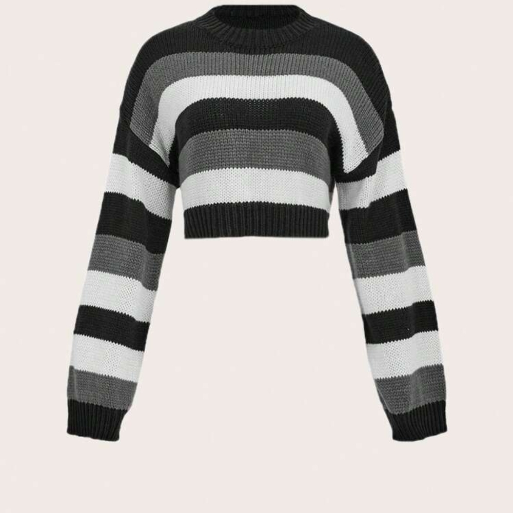ROMWE Black and Gray Cropped Striped Women's Sweater